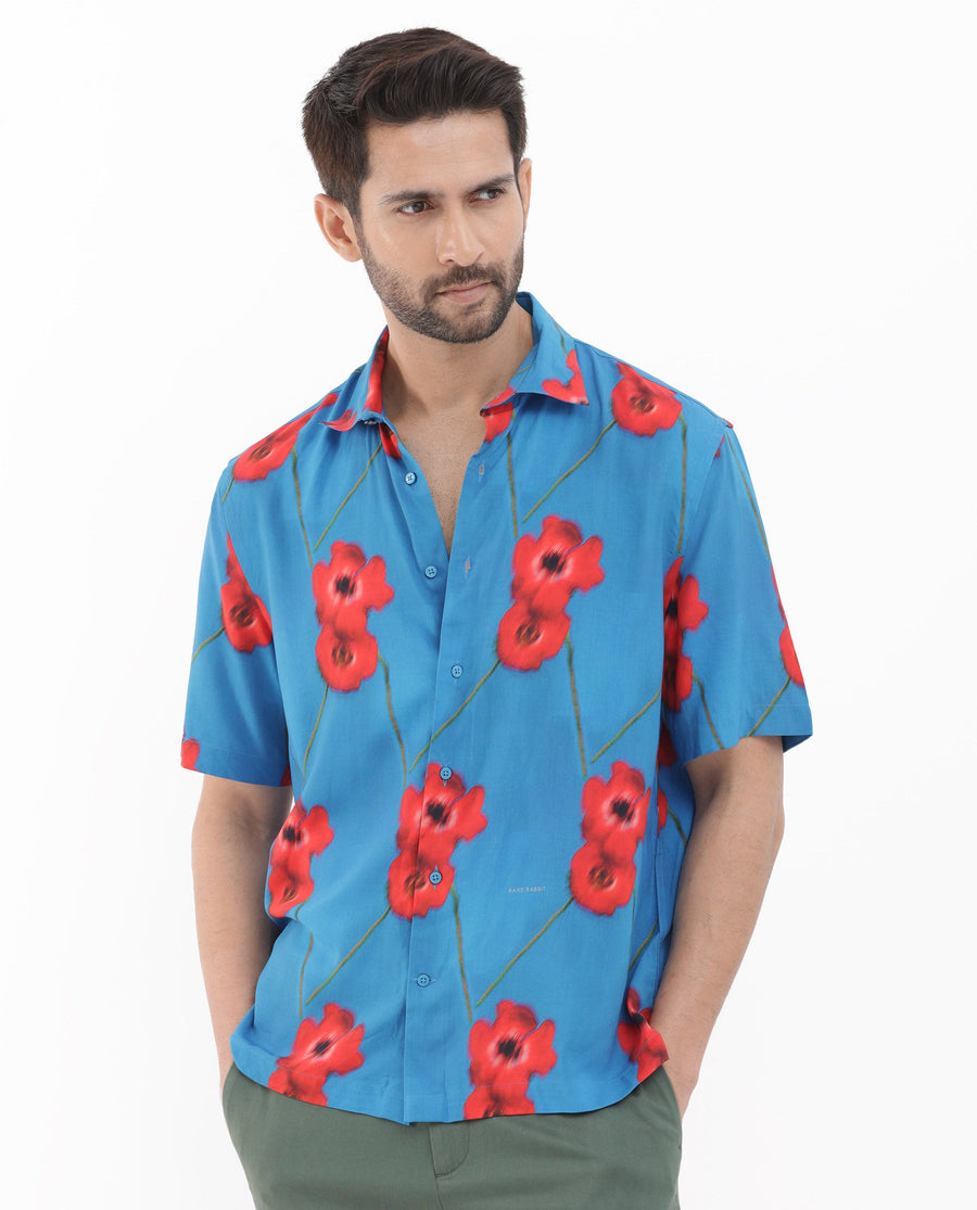 Rare Rabbit Men's Bloomer Flouroscent Blue Viscose Floral Print Boxy Fit Half Sleeve Collared Shirt