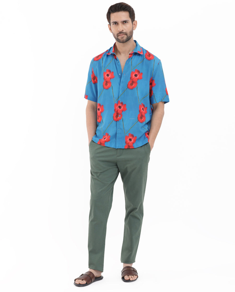 Rare Rabbit Men's Bloomer Flouroscent Blue Viscose Floral Print Boxy Fit Half Sleeve Collared Shirt