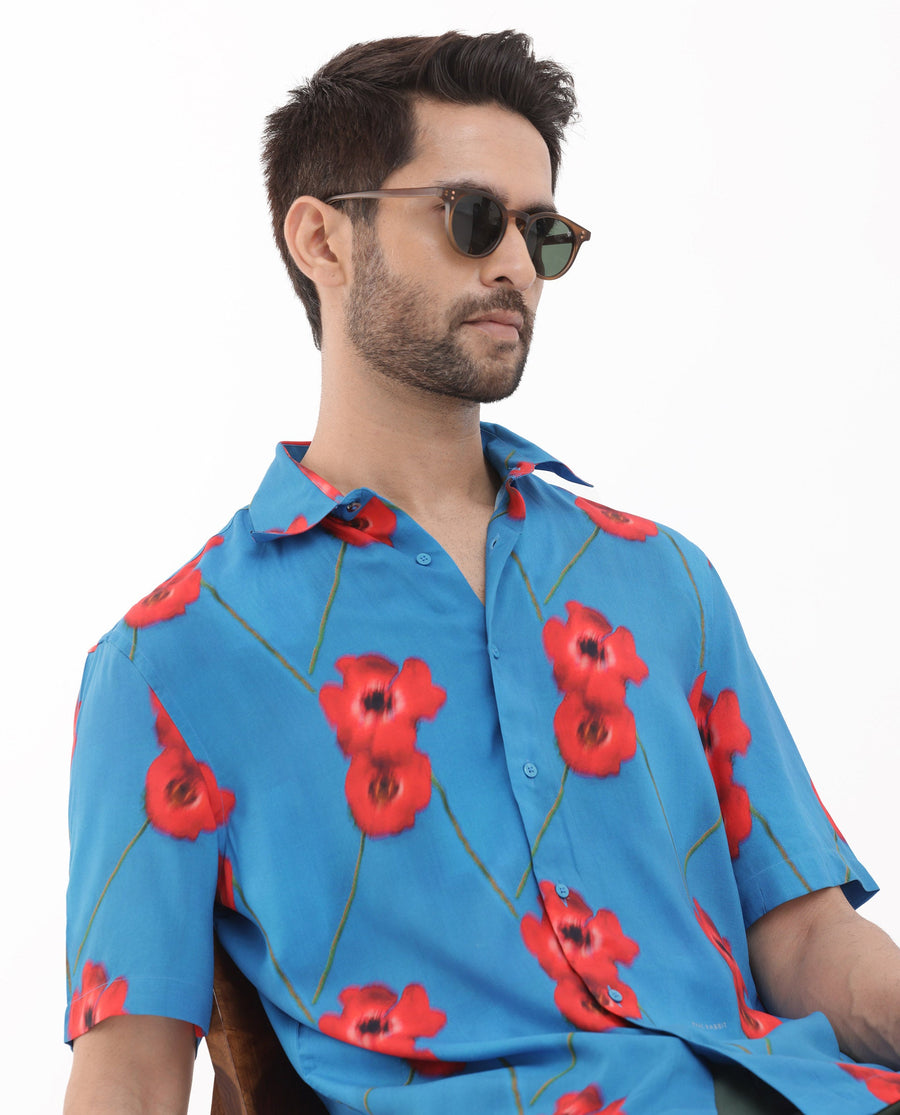 Rare Rabbit Men's Bloomer Flouroscent Blue Viscose Floral Print Boxy Fit Half Sleeve Collared Shirt