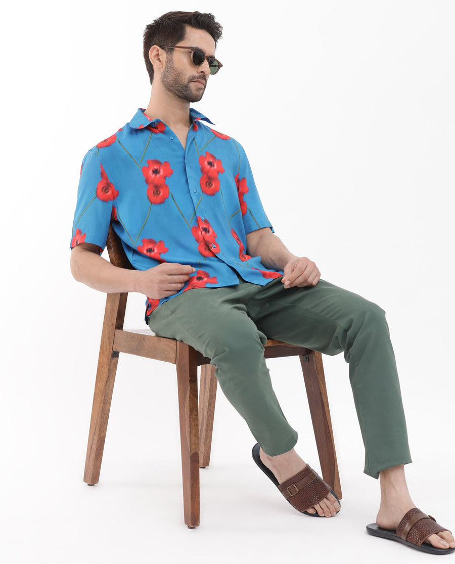 Rare Rabbit Men's Bloomer Flouroscent Blue Viscose Floral Print Boxy Fit Half Sleeve Collared Shirt