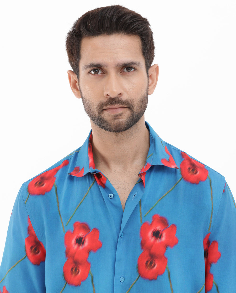 Rare Rabbit Men's Bloomer Flouroscent Blue Viscose Floral Print Boxy Fit Half Sleeve Collared Shirt