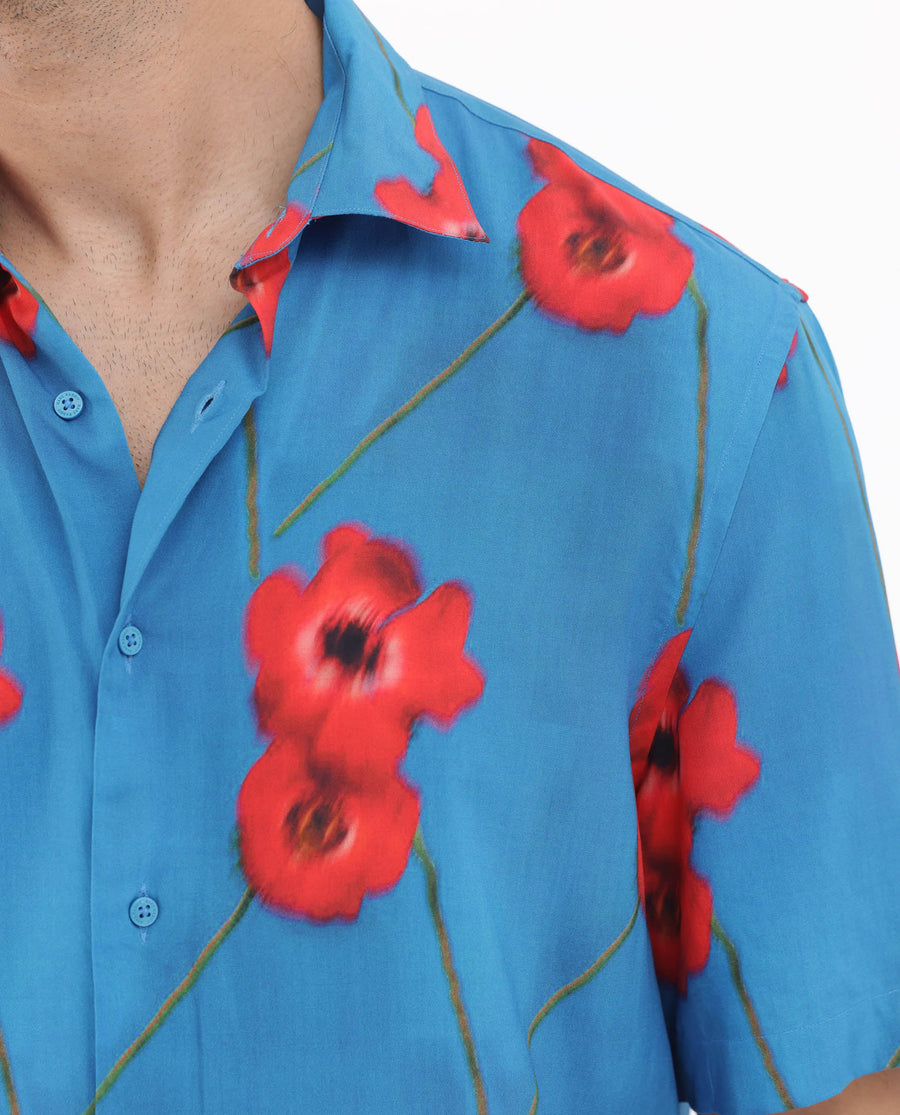 Rare Rabbit Men's Bloomer Flouroscent Blue Viscose Floral Print Boxy Fit Half Sleeve Collared Shirt
