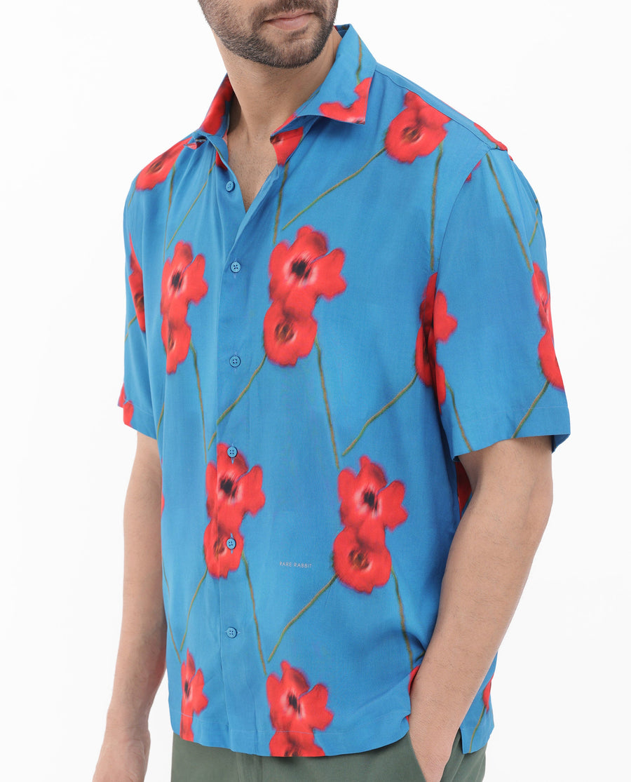 Rare Rabbit Men's Bloomer Flouroscent Blue Viscose Floral Print Boxy Fit Half Sleeve Collared Shirt