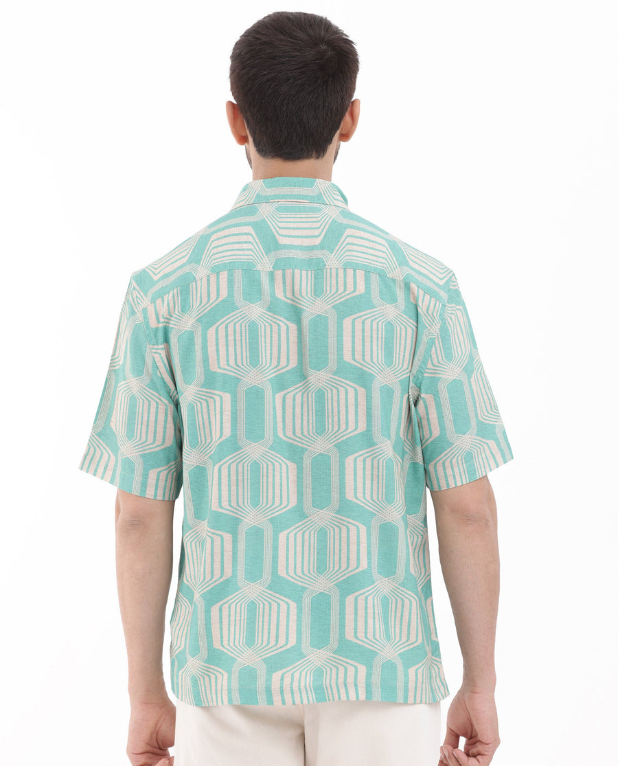 Rare Rabbit Men's Bomet Turq Viscose Geometric Print Boxy Fit Half Sleeve Collared Shirt