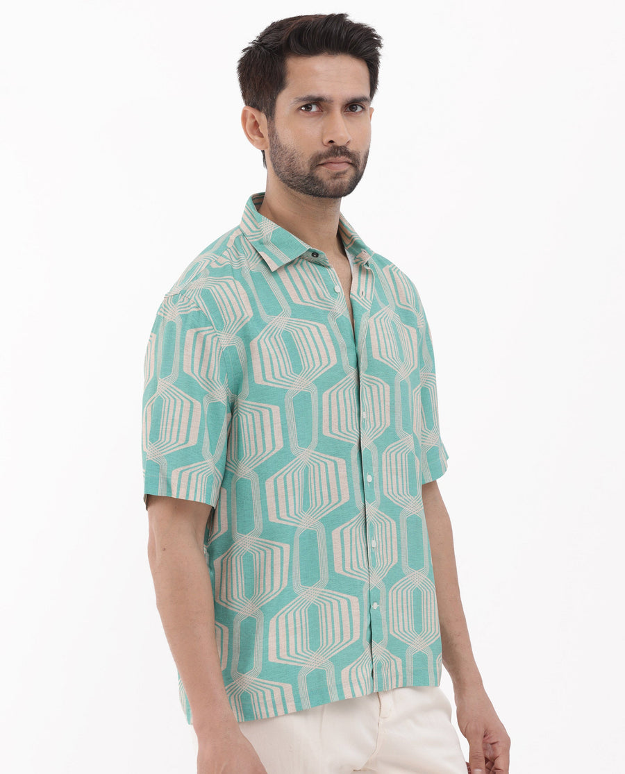 Rare Rabbit Men's Bomet Turq Viscose Geometric Print Boxy Fit Half Sleeve Collared Shirt