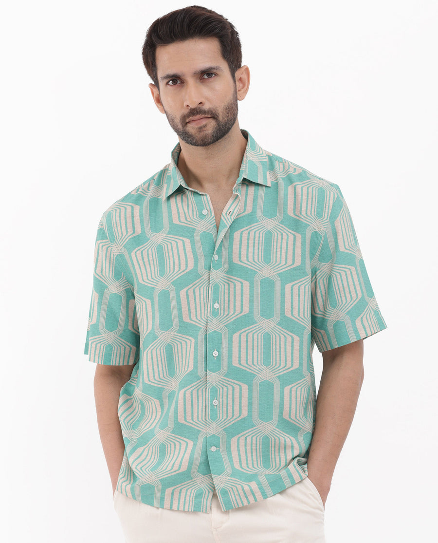 Rare Rabbit Men's Bomet Turq Viscose Geometric Print Boxy Fit Half Sleeve Collared Shirt