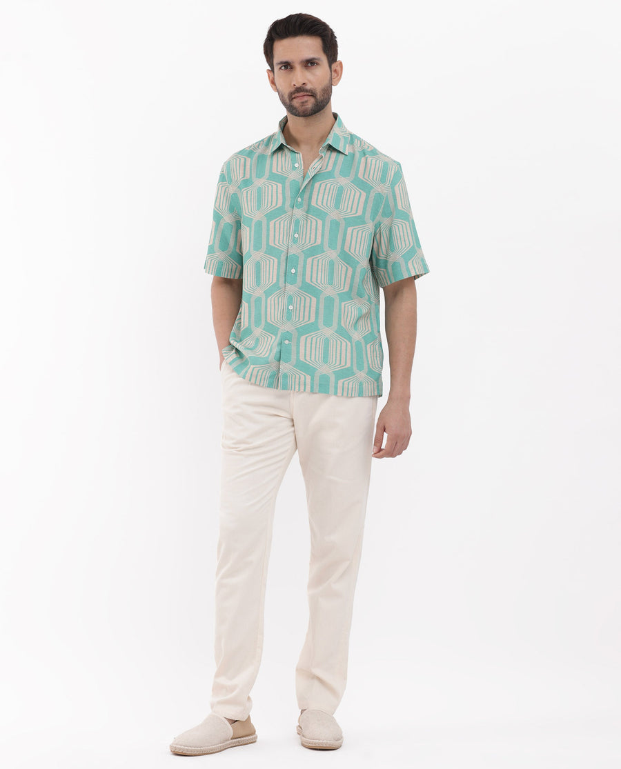 Rare Rabbit Men's Bomet Turq Viscose Geometric Print Boxy Fit Half Sleeve Collared Shirt