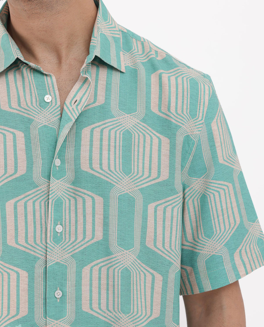 Rare Rabbit Men's Bomet Turq Viscose Geometric Print Boxy Fit Half Sleeve Collared Shirt