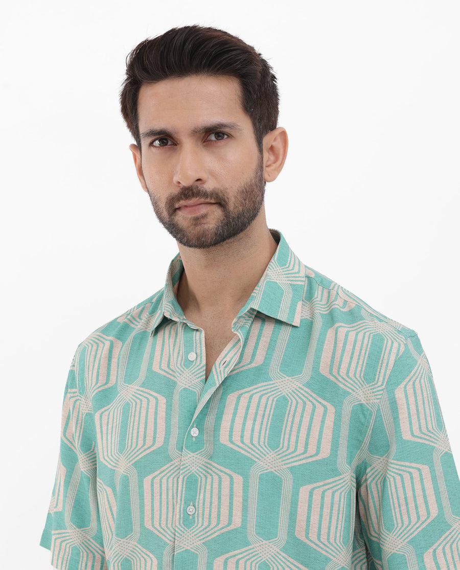 Rare Rabbit Men's Bomet Turq Viscose Geometric Print Boxy Fit Half Sleeve Collared Shirt