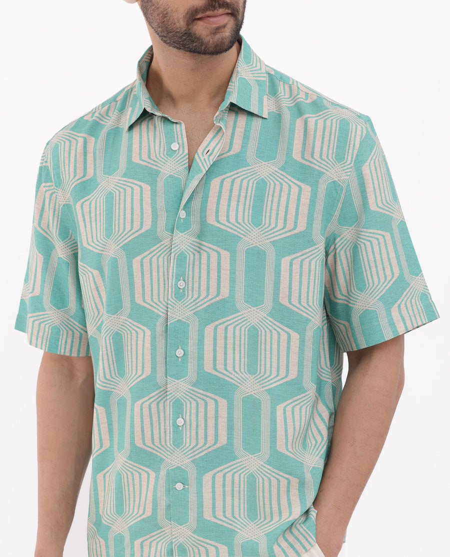 Rare Rabbit Men's Bomet Turq Viscose Geometric Print Boxy Fit Half Sleeve Collared Shirt