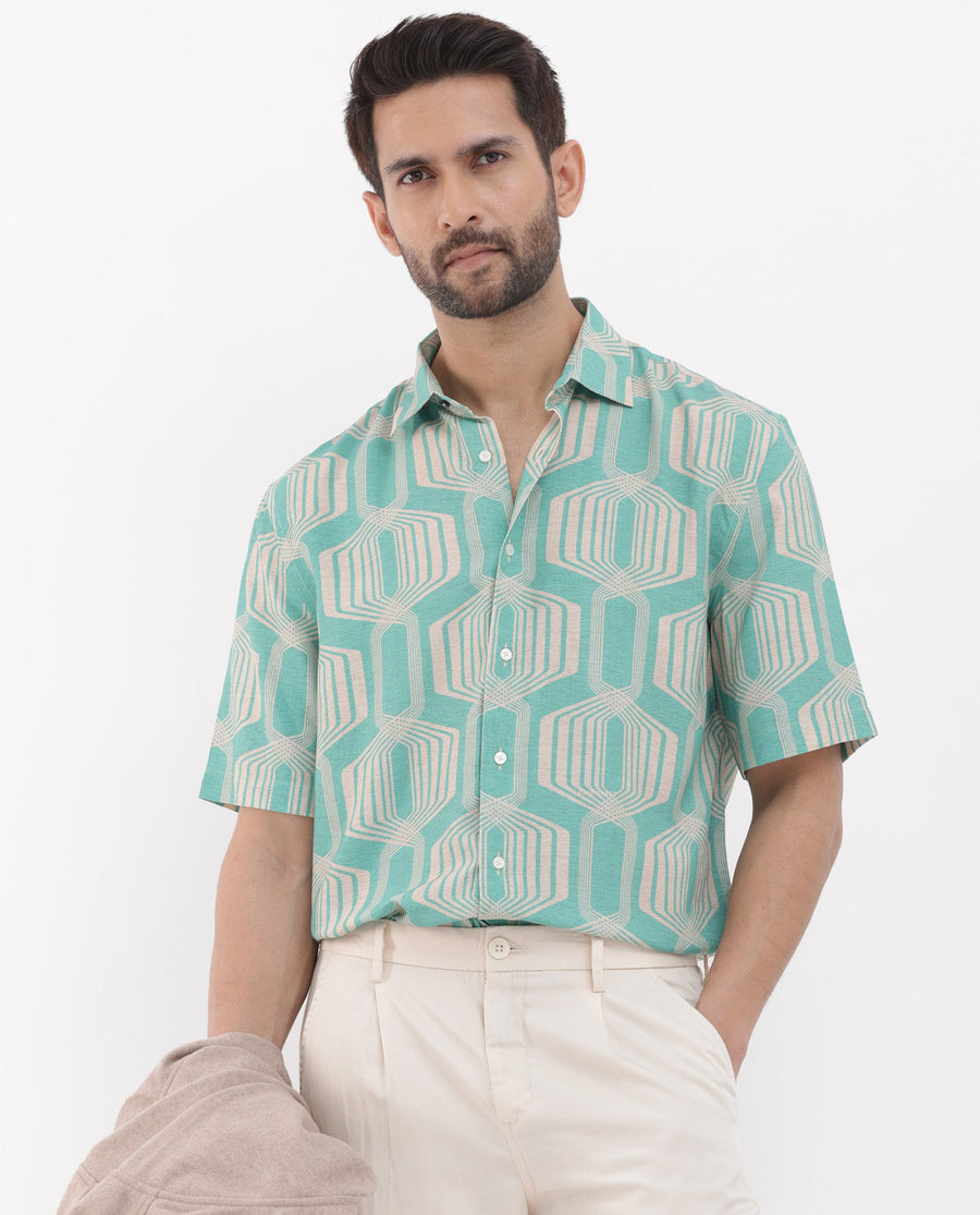 Rare Rabbit Men's Bomet Turq Viscose Geometric Print Boxy Fit Half Sleeve Collared Shirt