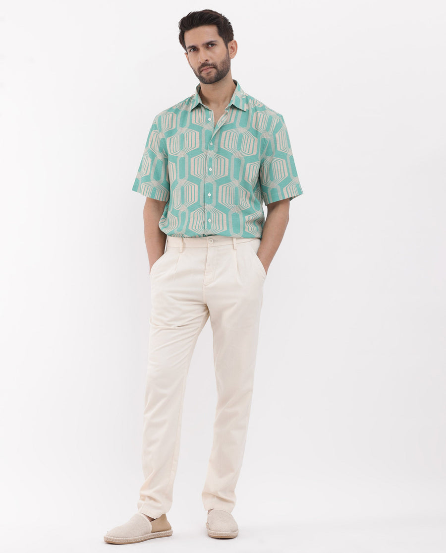 Rare Rabbit Men's Bomet Turq Viscose Geometric Print Boxy Fit Half Sleeve Collared Shirt