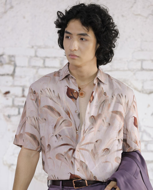 Rare Rabbit Men's Bowon Ss Light Brown Viscose Tropical Print Boxy Fit Half Sleeve Collared Shirt