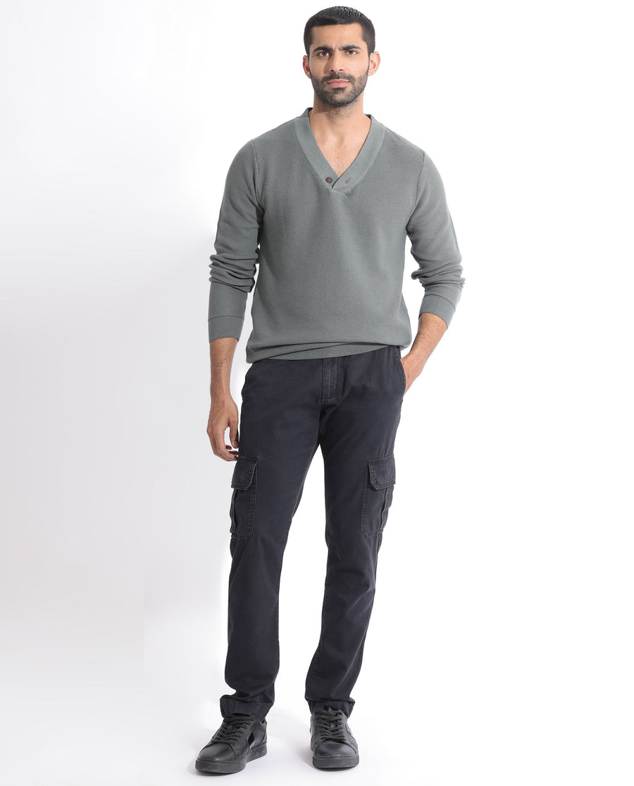 Rare Rabbit Men's Breeze Green Cotton Plain Regular Fit Full Sleeve V-Neck Sweater
