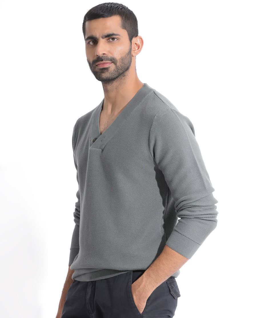 Rare Rabbit Men's Breeze Green Cotton Plain Regular Fit Full Sleeve V-Neck Sweater