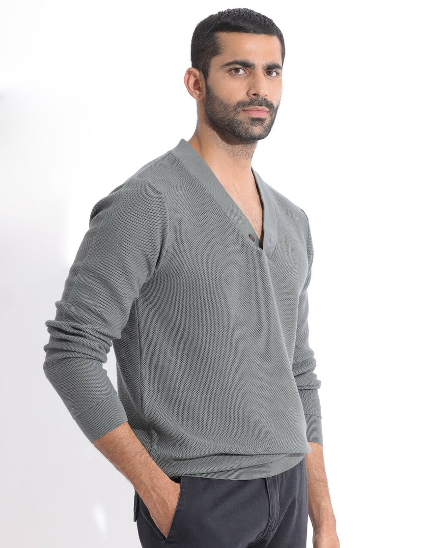 Rare Rabbit Men's Breeze Green Cotton Plain Regular Fit Full Sleeve V-Neck Sweater