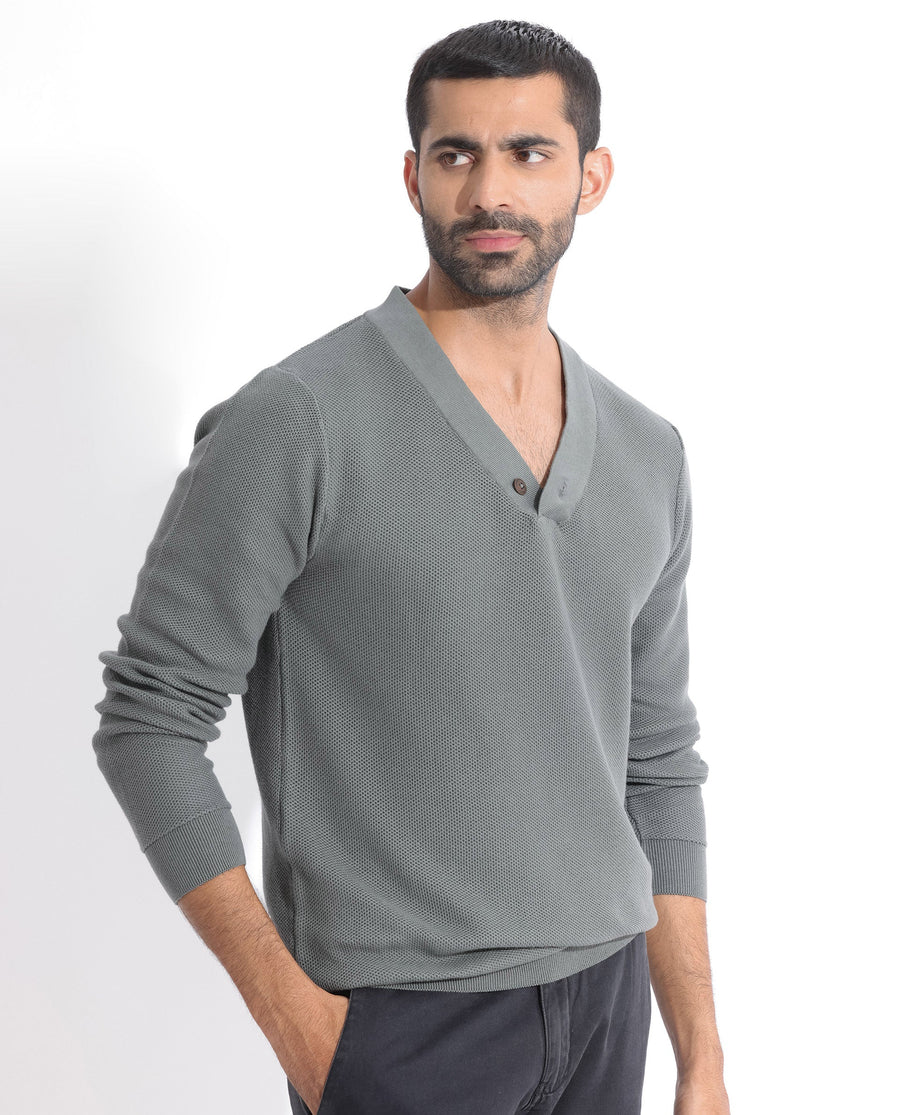 Rare Rabbit Men's Breeze Green Cotton Plain Regular Fit Full Sleeve V-Neck Sweater