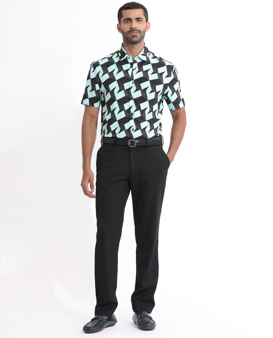Rare Rabbit Men's Brimmer Light Blue Cotton Geometric Print Regular Fit Half Sleeve Collared Shirt