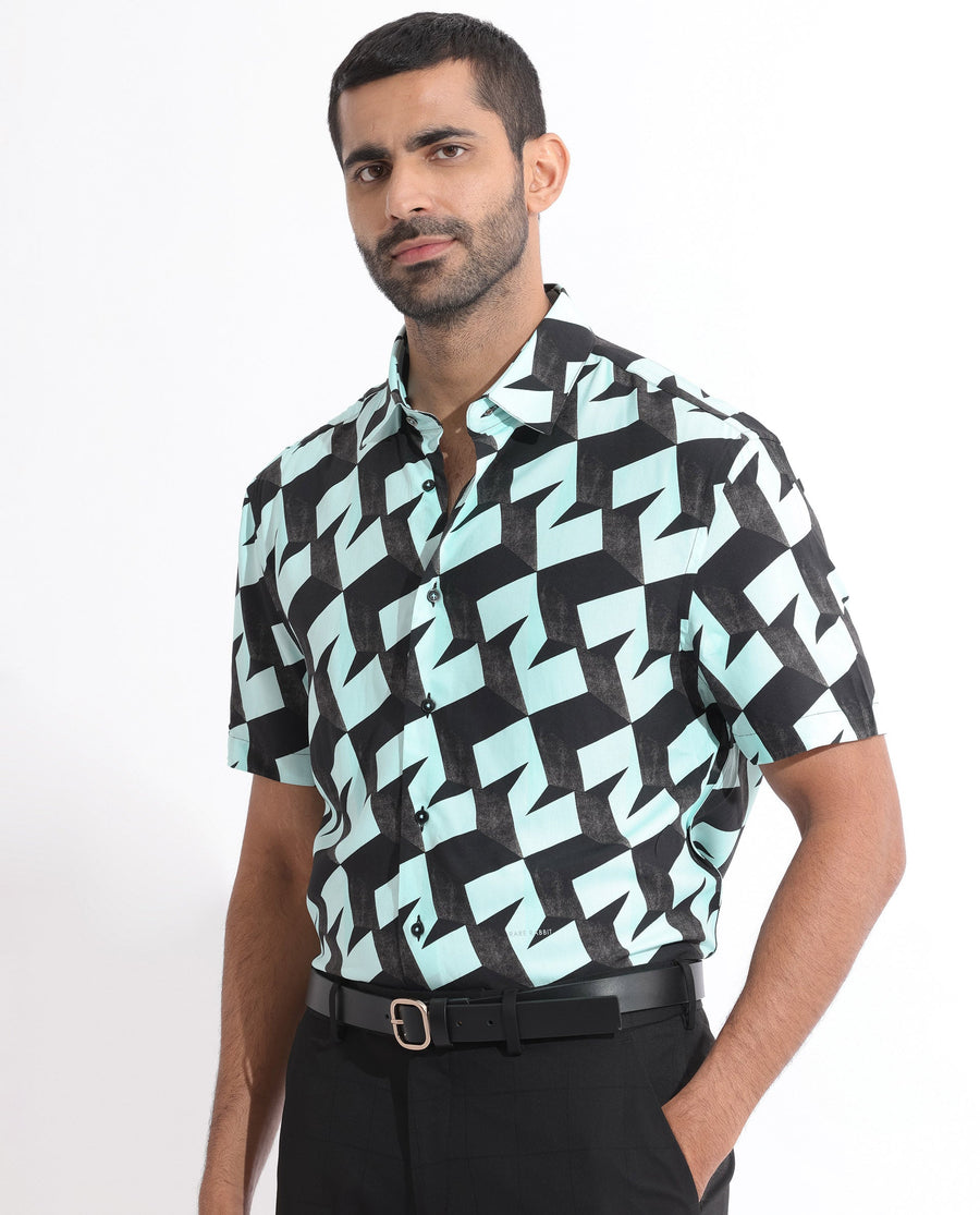Rare Rabbit Men's Brimmer Light Blue Cotton Geometric Print Regular Fit Half Sleeve Collared Shirt