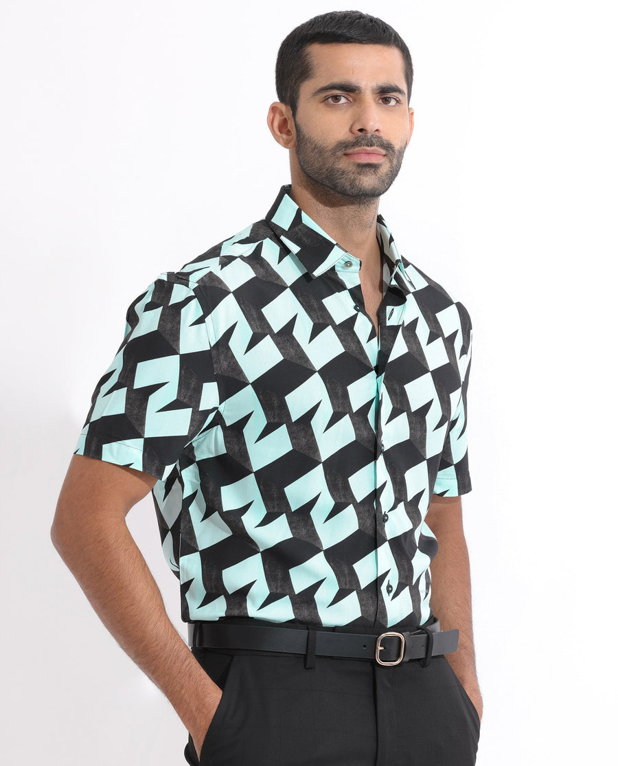 Rare Rabbit Men's Brimmer Light Blue Cotton Geometric Print Regular Fit Half Sleeve Collared Shirt