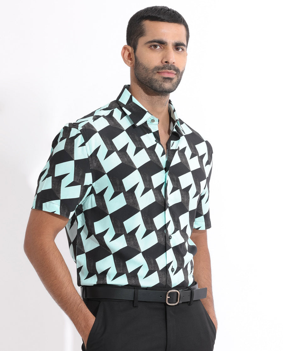 Rare Rabbit Men's Brimmer Light Blue Cotton Geometric Print Regular Fit Half Sleeve Collared Shirt