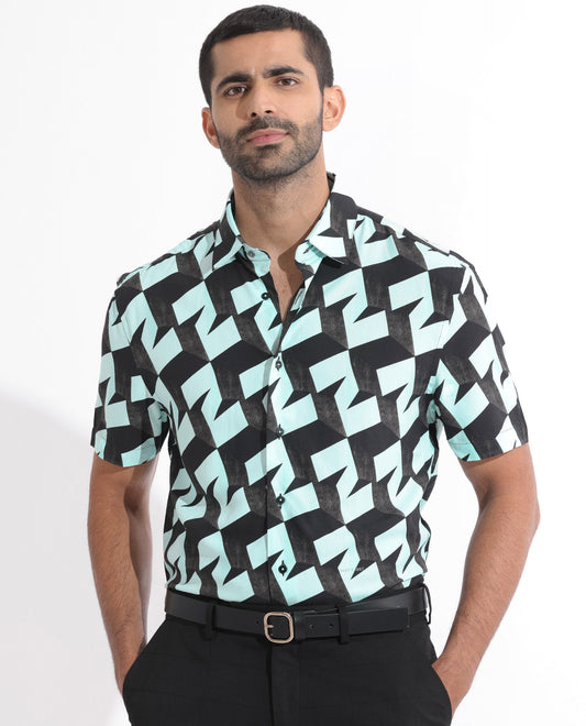 Rare Rabbit Men's Brimmer Light Blue Cotton Geometric Print Regular Fit Half Sleeve Collared Shirt