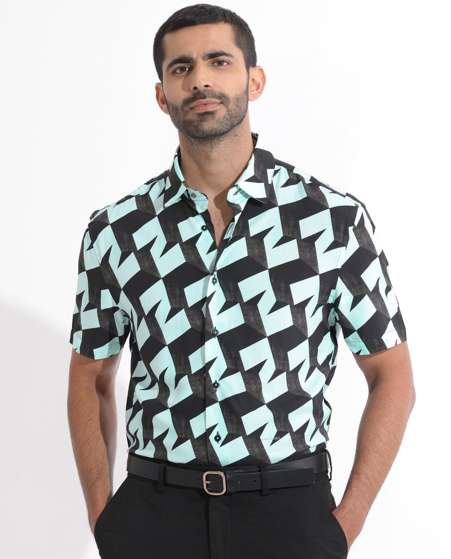 Rare Rabbit Men's Brimmer Light Blue Cotton Geometric Print Regular Fit Half Sleeve Collared Shirt