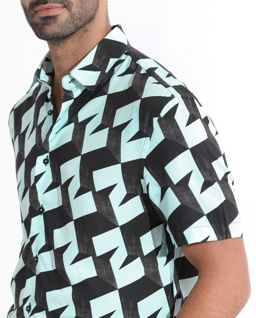 Rare Rabbit Men's Brimmer Light Blue Cotton Geometric Print Regular Fit Half Sleeve Collared Shirt