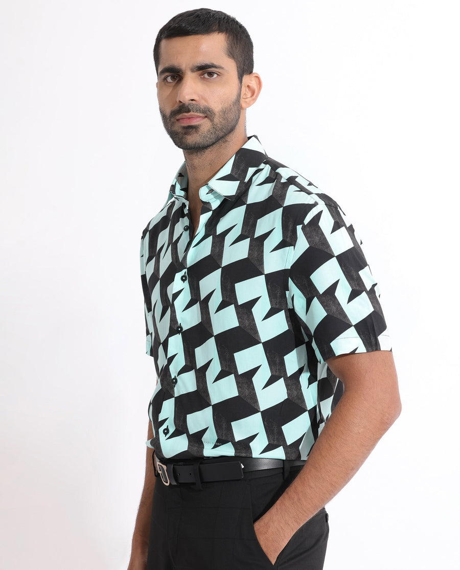 Rare Rabbit Men's Brimmer Light Blue Cotton Geometric Print Regular Fit Half Sleeve Collared Shirt