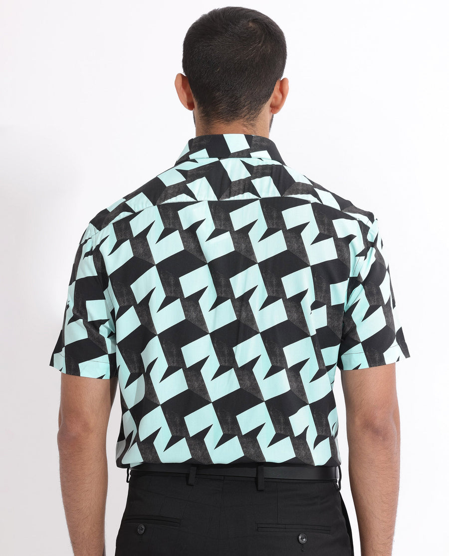 Rare Rabbit Men's Brimmer Light Blue Cotton Geometric Print Regular Fit Half Sleeve Collared Shirt