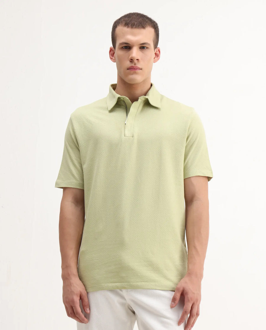 Rare Rabbit Men's Caben Light Green Cotton Jacquard Regular Fit Half Sleeve Polo