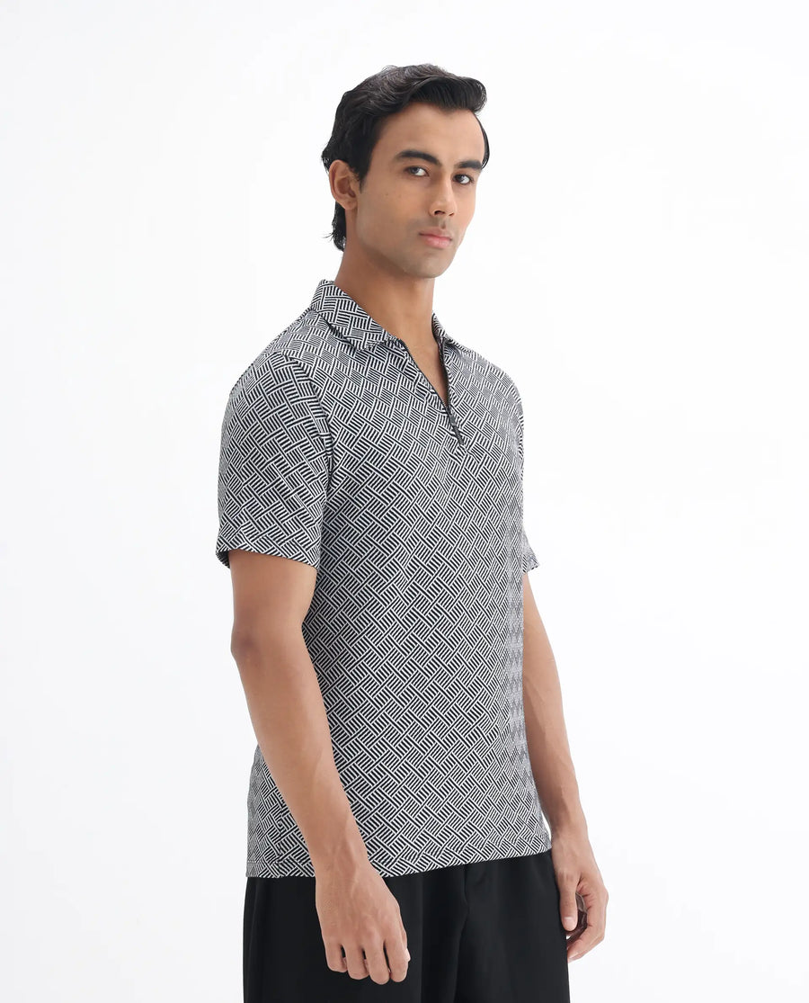 Rare Rabbit Men's Cabetta Black Cotton Jacquard Regular Fit Half Sleeve Polo