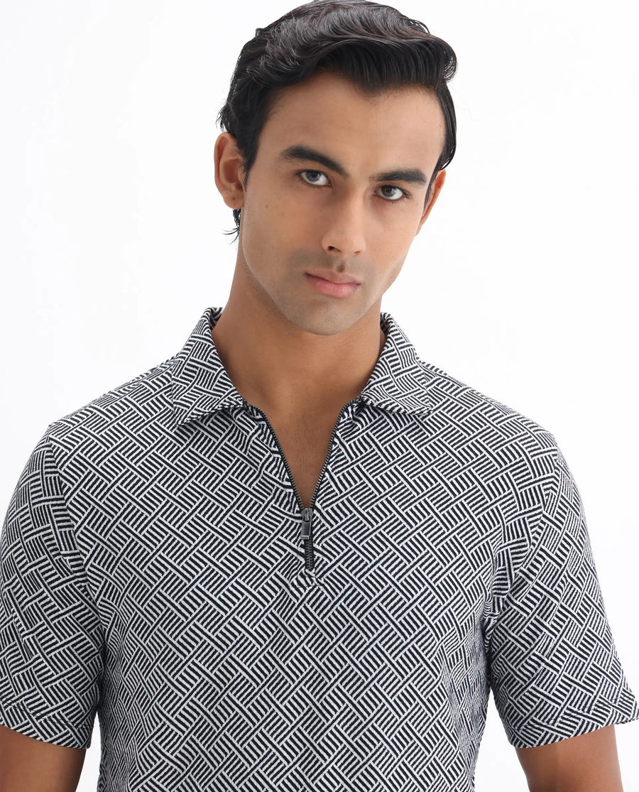 Rare Rabbit Men's Cabetta Black Cotton Jacquard Regular Fit Half Sleeve Polo