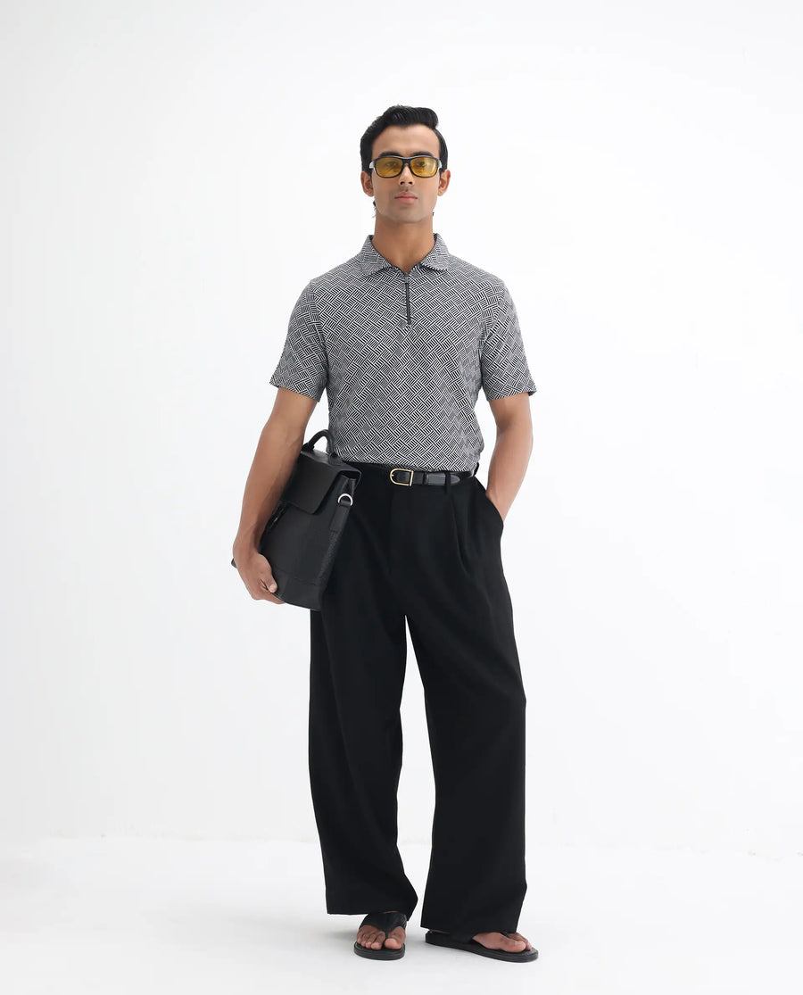 Rare Rabbit Men's Cabetta Black Cotton Jacquard Regular Fit Half Sleeve Polo