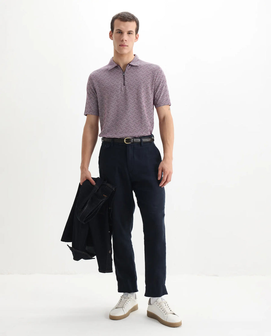 Rare Rabbit Men's Cabetta Dark Purple Cotton Jacquard Regular Fit Half Sleeve Polo