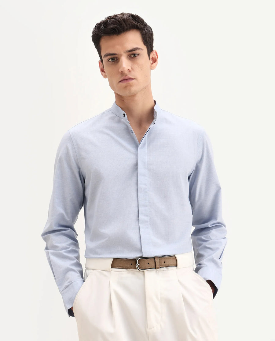 Rare Rabbit Men's Cadmi-25 Blue Cotton Blend Fabric Mandarin Collar Regular Fit Plain Shirt
