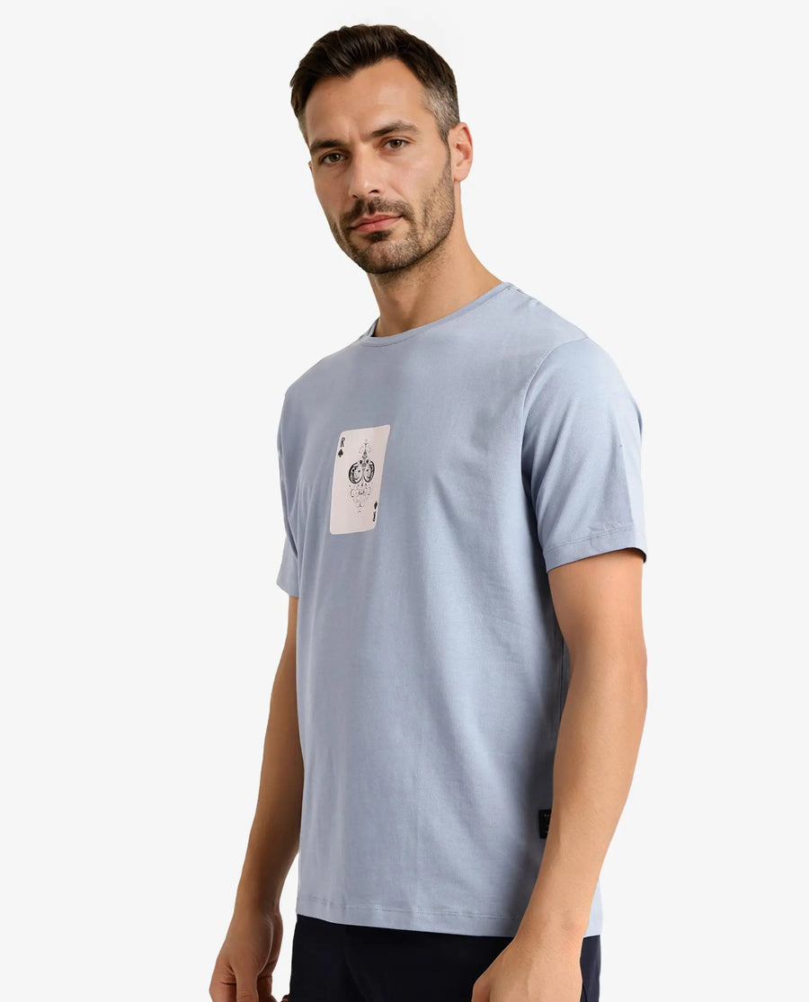 Rare Rabbit Men's Caf Dusky Blue Cotton Graphic Print Regular Fit Half Sleeve Crew Neck T-Shirt
