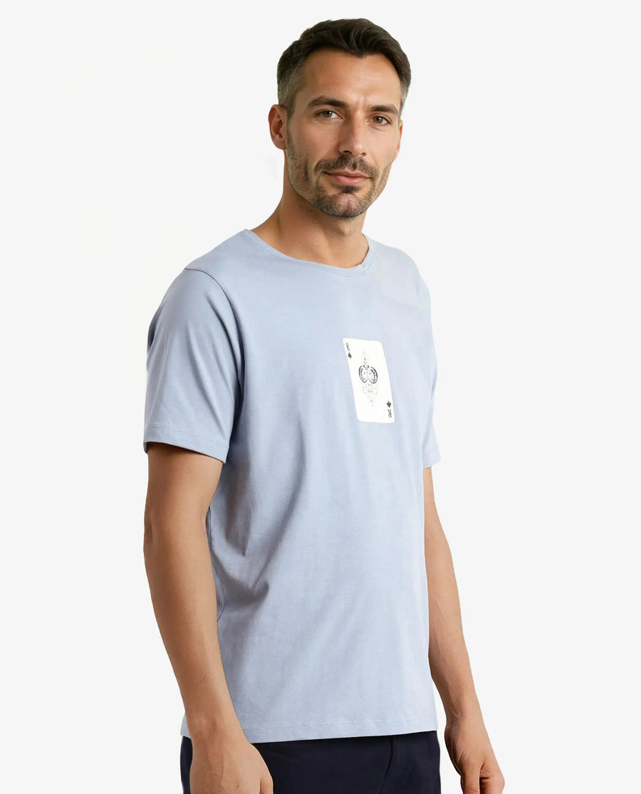 Rare Rabbit Men's Caf Dusky Blue Cotton Graphic Print Regular Fit Half Sleeve Crew Neck T-Shirt