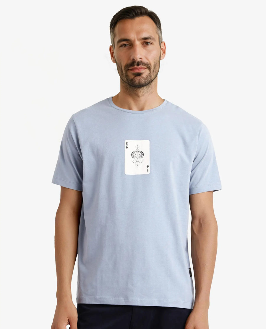 Rare Rabbit Men's Caf Dusky Blue Cotton Graphic Print Regular Fit Half Sleeve Crew Neck T-Shirt