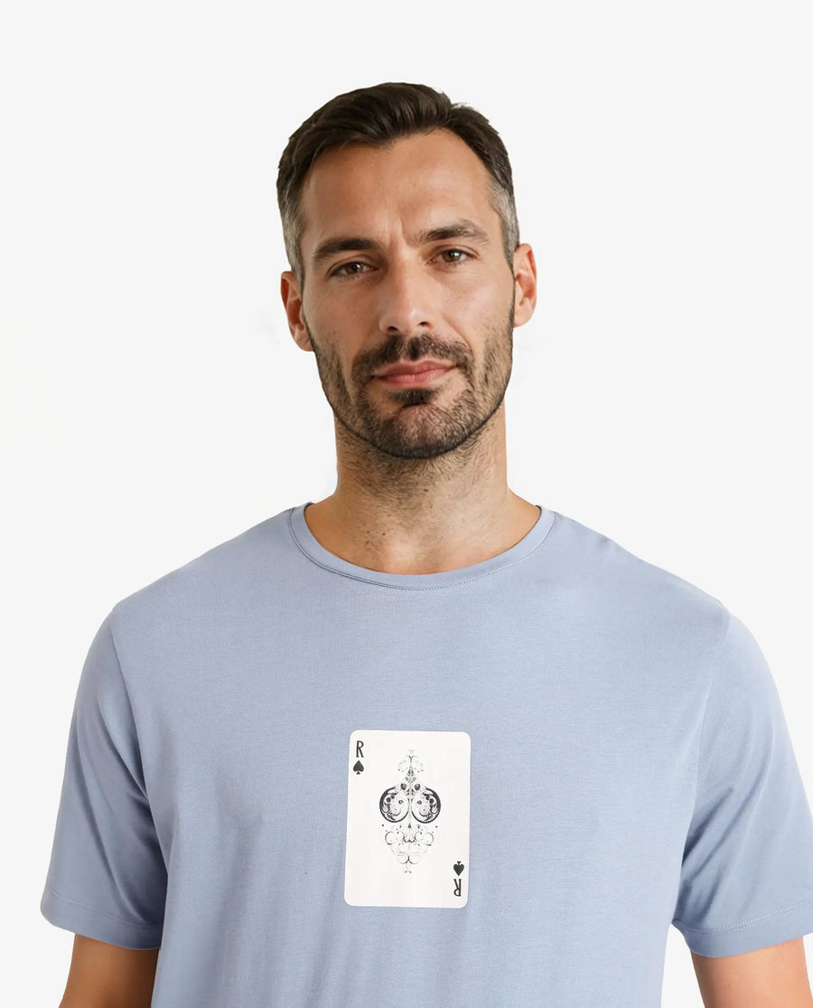 Rare Rabbit Men's Caf Dusky Blue Cotton Graphic Print Regular Fit Half Sleeve Crew Neck T-Shirt