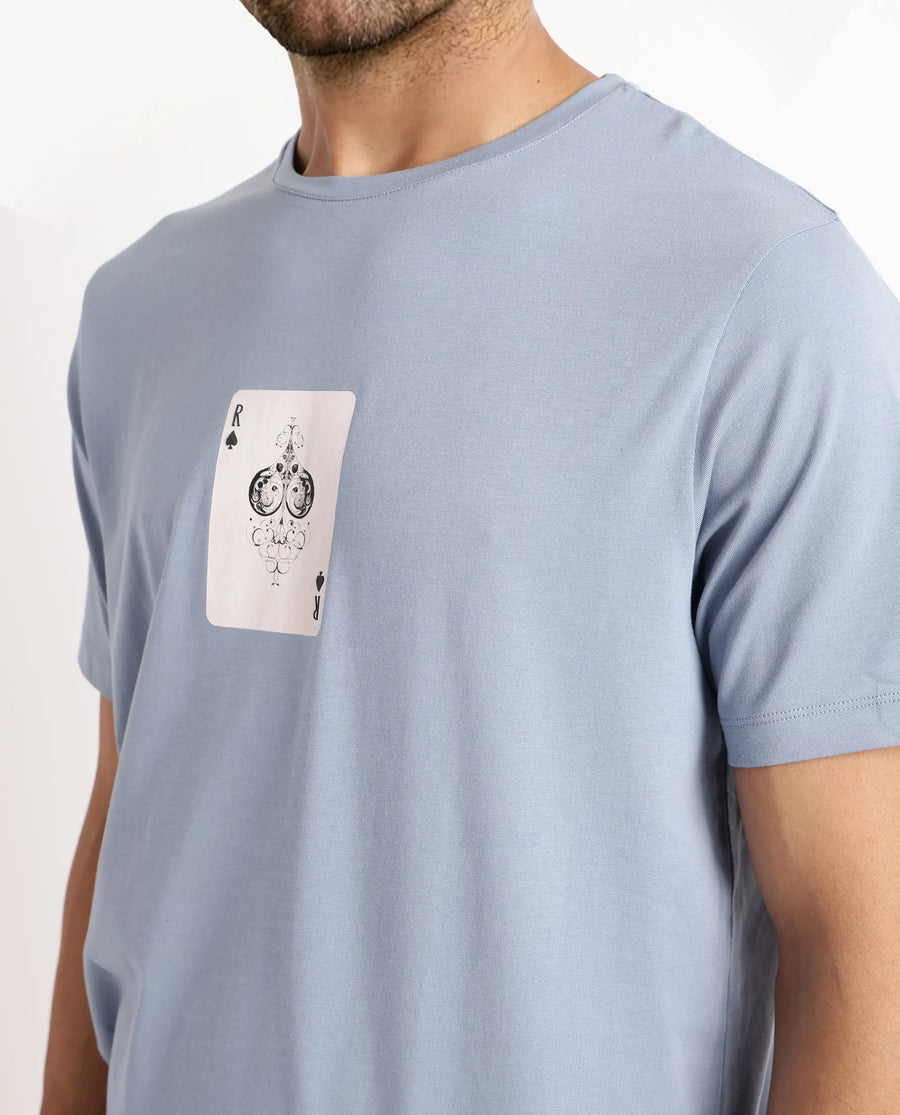 Rare Rabbit Men's Caf Dusky Blue Cotton Graphic Print Regular Fit Half Sleeve Crew Neck T-Shirt