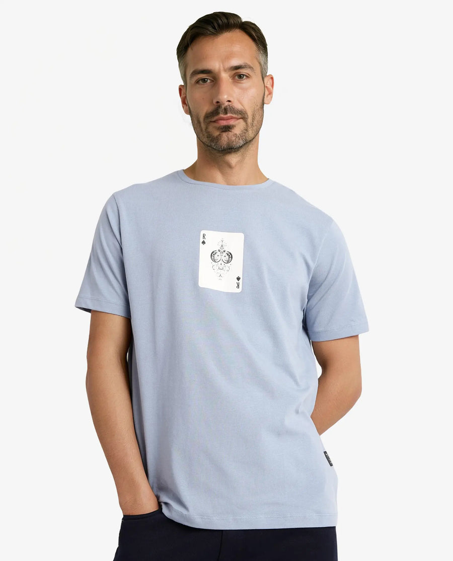 Rare Rabbit Men's Caf Dusky Blue Cotton Graphic Print Regular Fit Half Sleeve Crew Neck T-Shirt