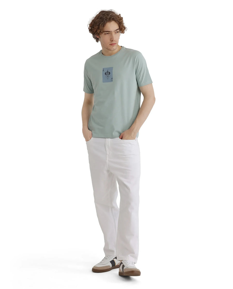 Rare Rabbit Men's Caf Dusky Green Cotton Graphic Print Regular Fit Half Sleeve Crew Neck T-Shirt