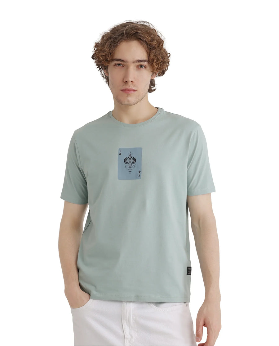 Rare Rabbit Men's Caf Dusky Green Cotton Graphic Print Regular Fit Half Sleeve Crew Neck T-Shirt