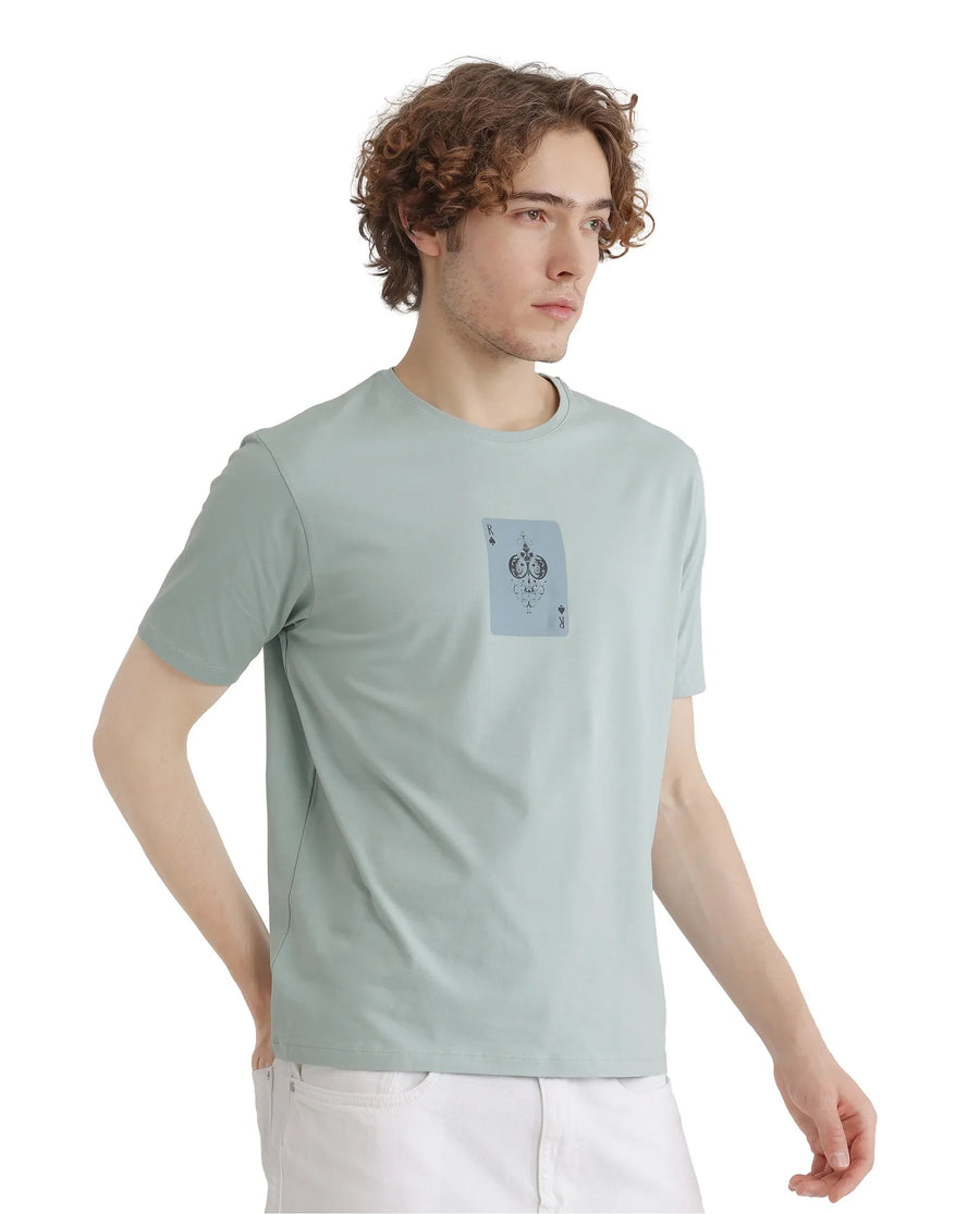 Rare Rabbit Men's Caf Dusky Green Cotton Graphic Print Regular Fit Half Sleeve Crew Neck T-Shirt