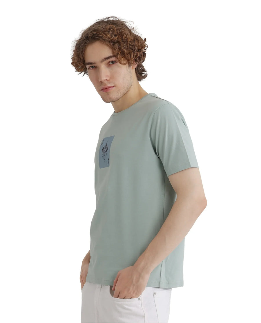 Rare Rabbit Men's Caf Dusky Green Cotton Graphic Print Regular Fit Half Sleeve Crew Neck T-Shirt