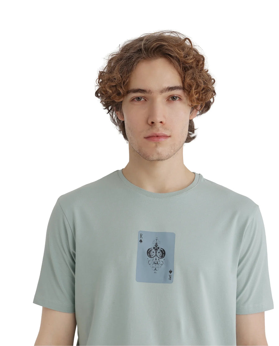 Rare Rabbit Men's Caf Dusky Green Cotton Graphic Print Regular Fit Half Sleeve Crew Neck T-Shirt