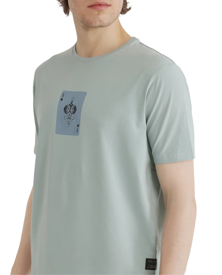 Rare Rabbit Men's Caf Dusky Green Cotton Graphic Print Regular Fit Half Sleeve Crew Neck T-Shirt