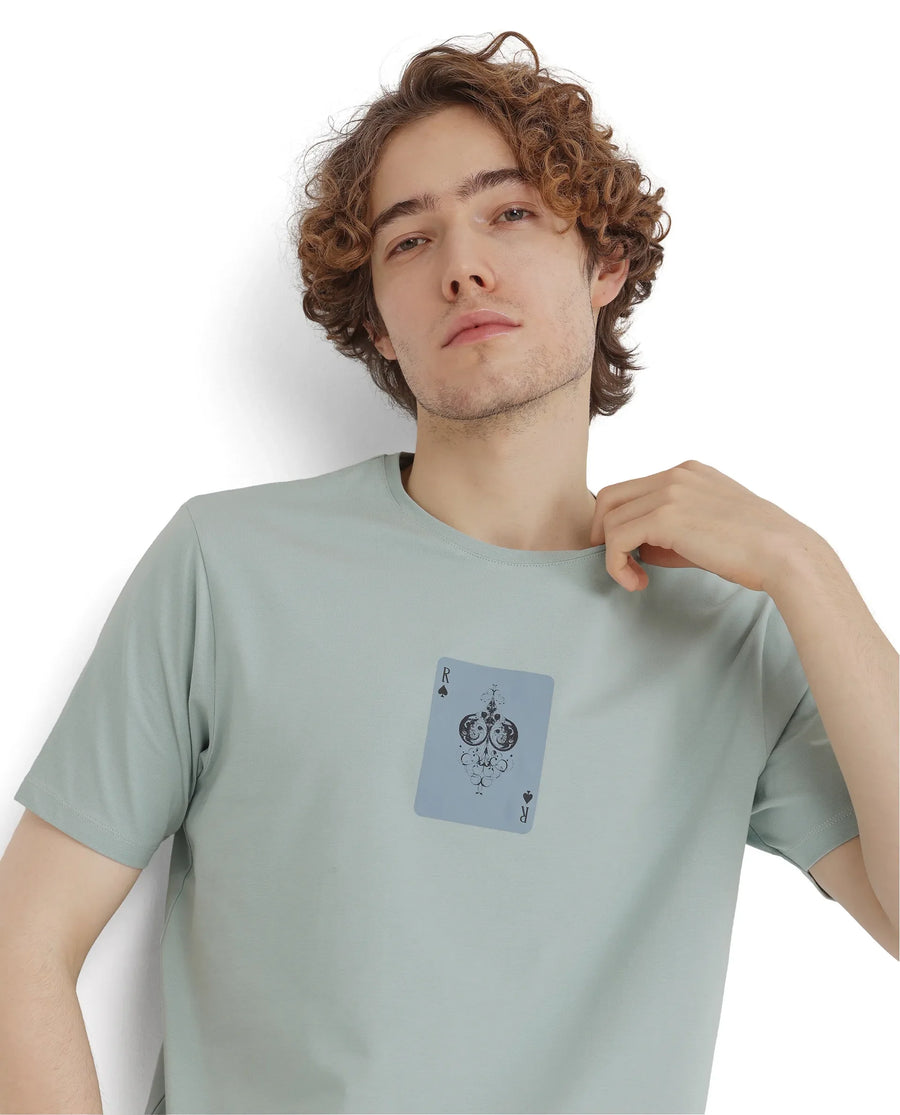 Rare Rabbit Men's Caf Dusky Green Cotton Graphic Print Regular Fit Half Sleeve Crew Neck T-Shirt