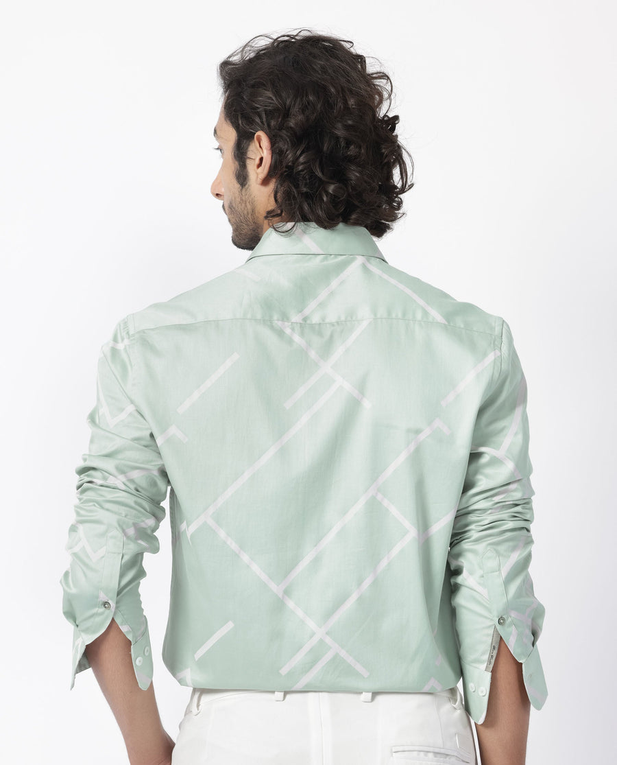 Rare Rabbit Men's Cagen Pastel Green Cotton Geometric Print Regular Fit Full Sleeve Collared Shirt